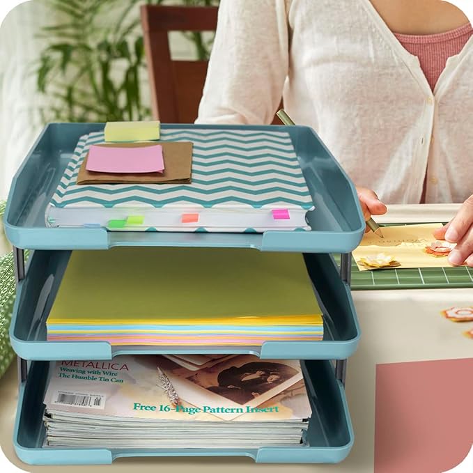 Acrimet Traditional 3 Tier Letter Tray, Front Load Design, A4 Letter Size, Desktop Organizer (Plastic) (Solid Green Color)