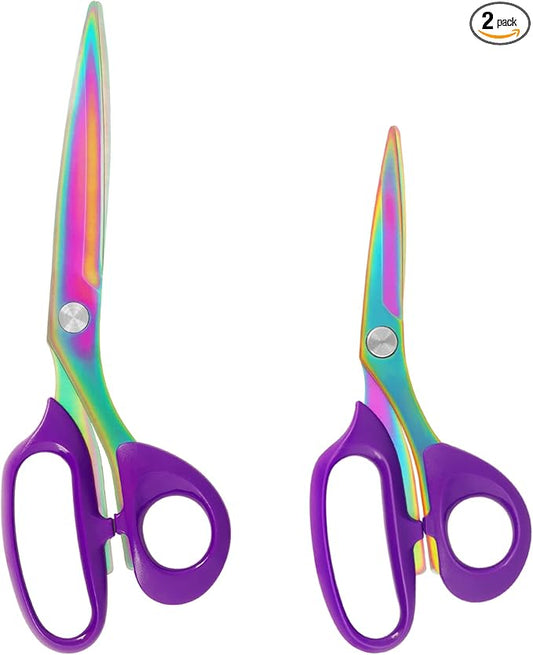 Fabric Scissors, Heavy Duty Titanium Plated Stainless Steel, Tailor Scissors for Cutting Fabrics and Leather, Purple, Set of 2 (26cm/21cm)