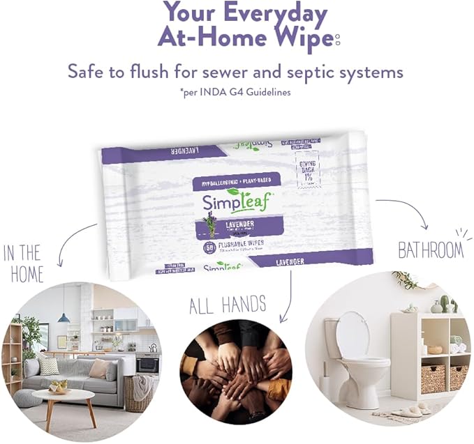 Simpleaf Flushable Wet Wipes Lavender | Plastic Free, Paraben & Alcohol Free | Hypoallergenic & Safe for Sensitive Skin | Soothing Aloe Formula | Adult Toilet Wipes (12 x 50 Counts Pack) 600 Counts
