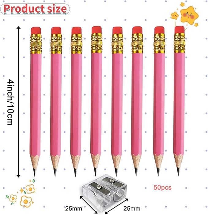Adhere 25pcs Golf Pencils with eraser Hexagon Wooden Pencils Graphite 2B for Golf Event Scoring,Classroom,Wedding,Company Meetings,Pew, Pocket (z-Pink・Hexagon・50pcs)