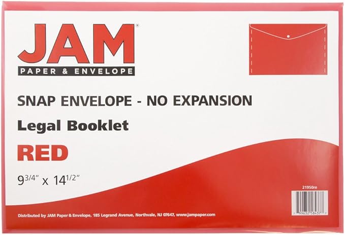 JAM PAPER Plastic Envelopes with Snap Closure - Legal Booklet - 9 3/4 x 14 1/2 - Red - 12/Pack