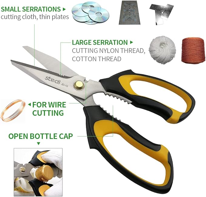 Stedi Scissors Heavy Duty 8-Inch,Multipurpose Scissors,Sharp Stainless Steel Shears with Serrated Edge & Protective Cover,Non-Slip Handle,Easy Cutting Cardboard, Carpet,Leather, Fabric, Wires, Yellow