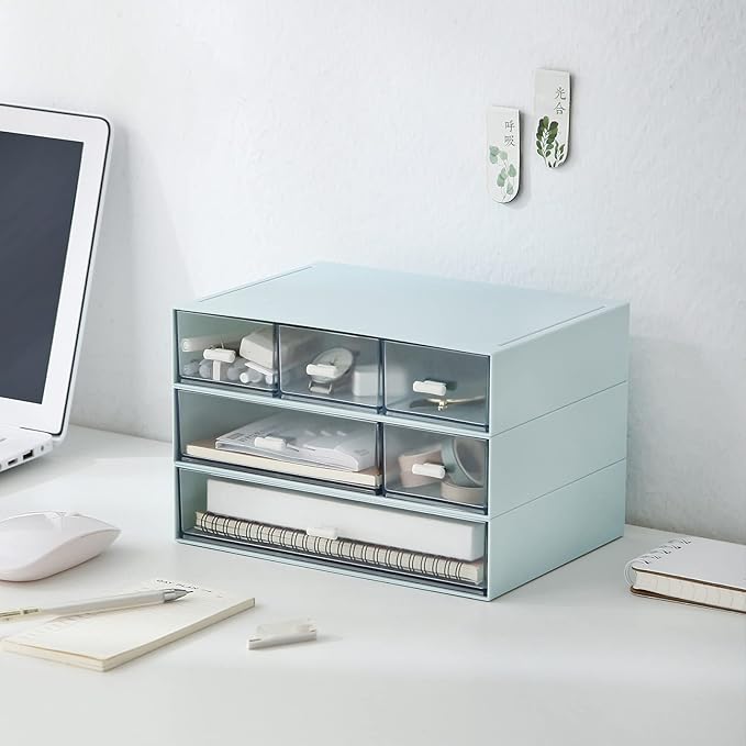 Plastic Storage Drawer, 6 Drawers Desk Organizer, Makeup Organizer, Blue (6.5" L x 8.9" W x 5.1" H)