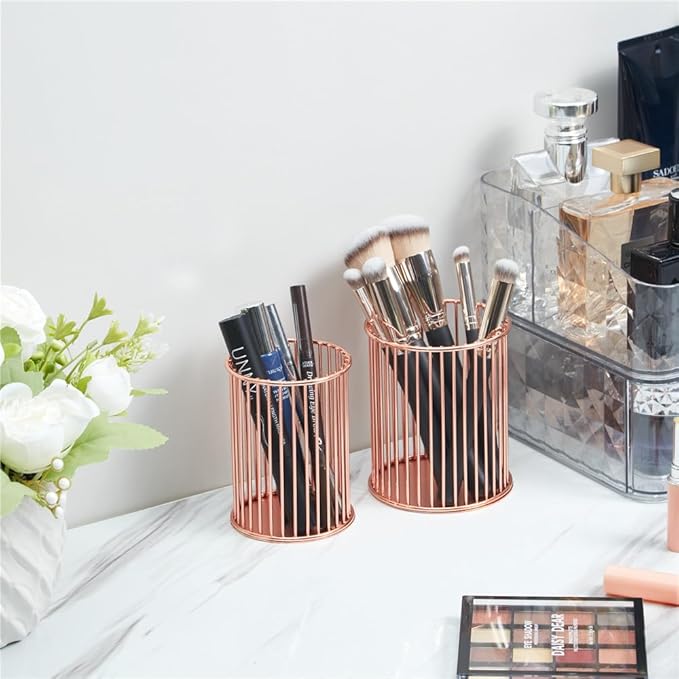 2 Pack Metal Pen Holder for Desk, Makeup Brushes Cup Holder, Pencil Holders, Pen cup, Home and Office Organizer, Rose gold