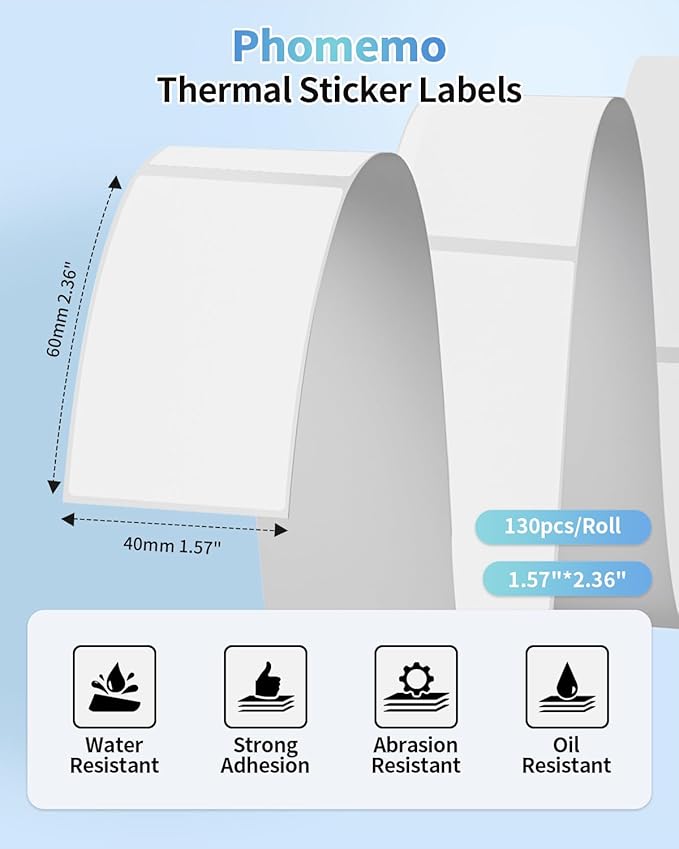 M110 Labels Compatible with Phomemo M110/M120/M200/M220/M221 Label Maker Printer, Black on White, 1.57"x 2.36"(40x60mm), Multi-Purpose Self-Adhesive Thermal Labels