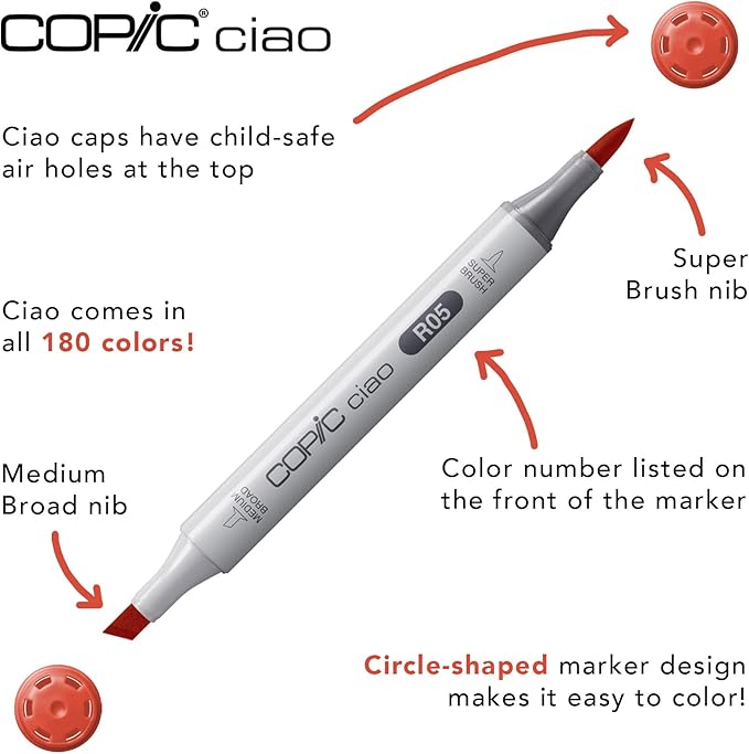 Copic Ciao, Alcohol Markers, 6 Colors Dual Brush Tip Art Marker for Adults/Teen Artists & Creators, Permanent Blendable Sketch Markers for Coloring Drawing & Illustration Art - Bright Color Set