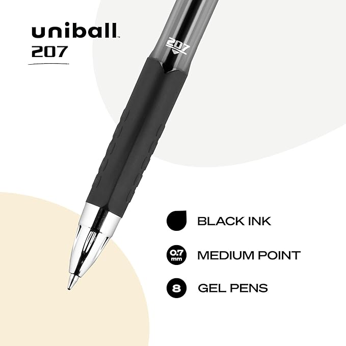 uniball Signo 207 Gel Pen, Retractable, Medium 0.7 Mm, Black Ink, Translucent Black Barrel, 8/pack