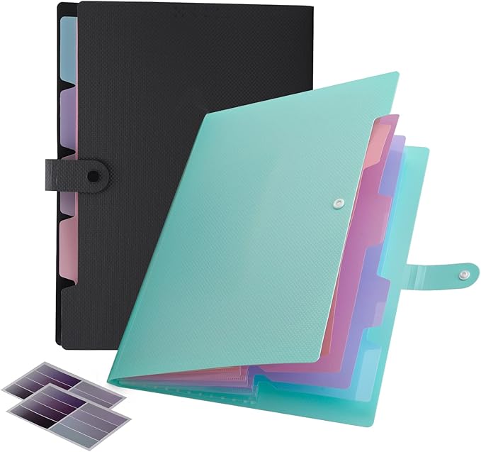 NAFY Colorful Expanding File Folder, 5 Pockets Folder with Colored Labels Portable Weave Pattern Accordion File Folder A4 Letter Size Project Organizer Document Folder for Office School (Black+Green)