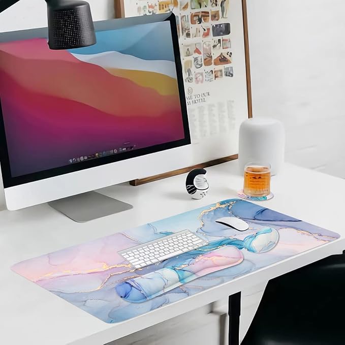 4-in-1 Large Gaming Mouse Pad, Keyboard Wrist Rest Pad & Wrist Support Mousepad Set, Extended Desk Pad Waterproof Desk Mat for Home Office Study Game - Blue