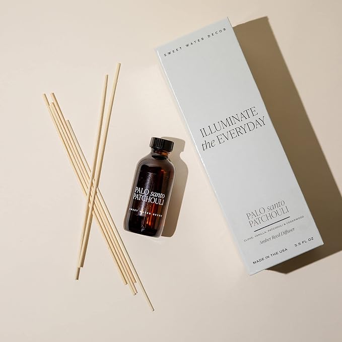 Sweet Water Decor Palo Santo Patchouli Reed Diffuser Set for Home - Clove, Vanilla, Patchouli, Sandalwood Spa Scented Diffusers - Housewarming Gift Lasts 4+ Months, Made in The USA