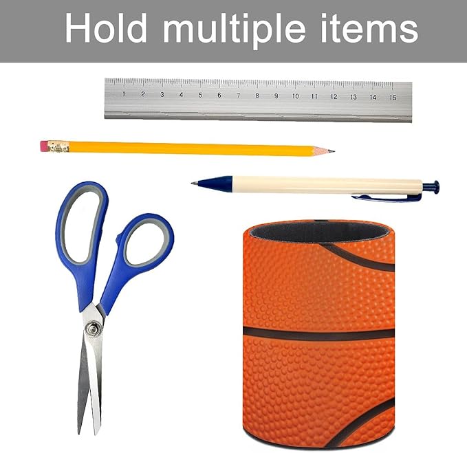 Basketball Print Texture Pen Holder Pencil Organizer Cute Pencil Cup Desk Decor Makeup Brush Holder PU Multifunctional Office Suppliesfor Home Classroom School