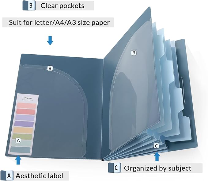 SKYDUE Accordion File Organizer, 5 Pocket Expanding File Folders with Pockets, Document Organizer, Portable Paper Organizer，School Office Supplies Blue