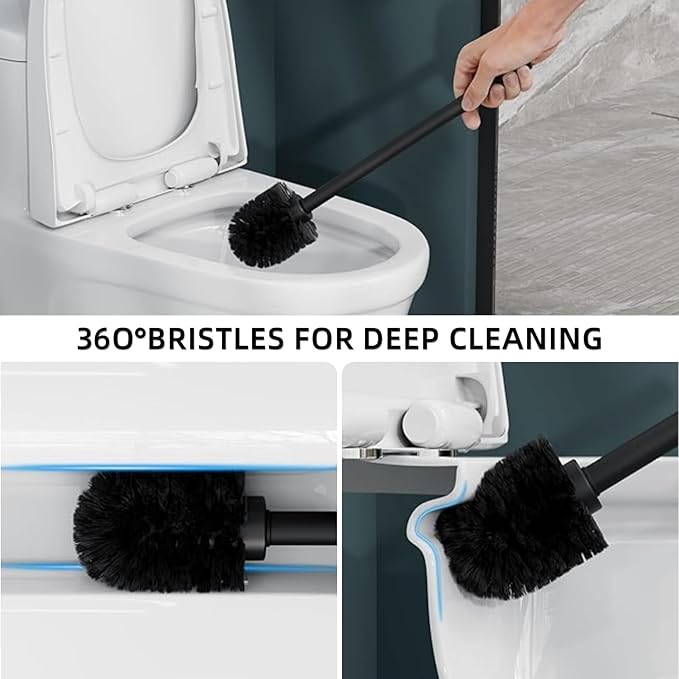 Haocoott Toilet Brush and Holder Set, 2 PCS Decorative Toilet Bowl Brush and Holder Set Bathroom Aceessories Toilet Scrubber Brush Set with Heavy-Weight Resin Base with Long Handle (Black)