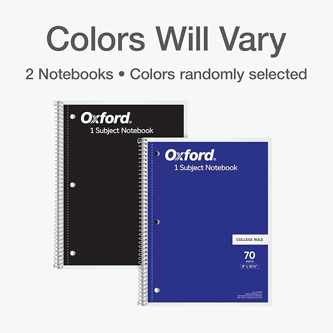 Oxford Spiral Notebooks, 2 Pack, 1 Subject, College Ruled Notebooks for School, 8 x 10.5 Inches, 70 Sheets, Assorted Colors, Back to School Supplies (1002522)