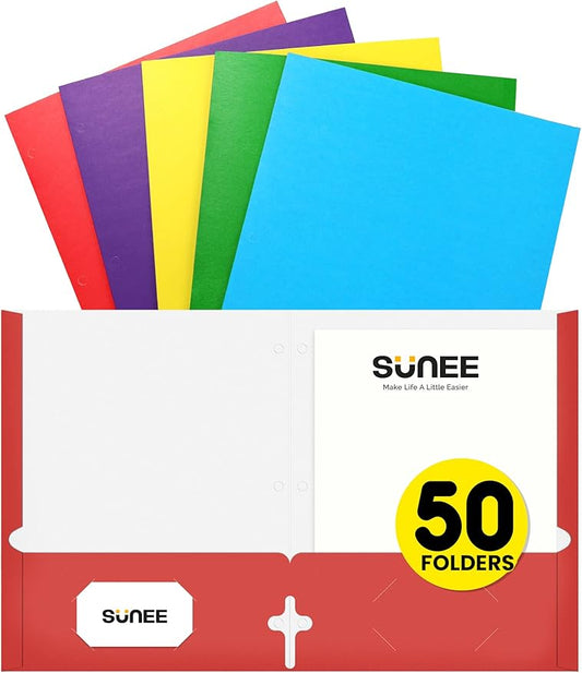 SUNEE Folders with Pockets 3 Hole Punched(50 Pack, Assorted Colors), 2 Pocket Folders Fit Letter Size Paper, Paper File Folder for School Office Home Bussiness