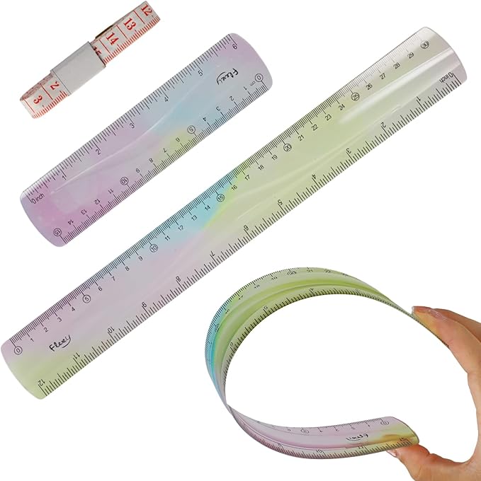 2 PCS Ruler, Kids Ruler, Soft Flexibleruler, Bendable Plasticruler, Single Piece Plastic Construction, with 1 Measuring Tape for School, Classroom, Office, Kids & Adults (5.9 in, 11.8 in)
