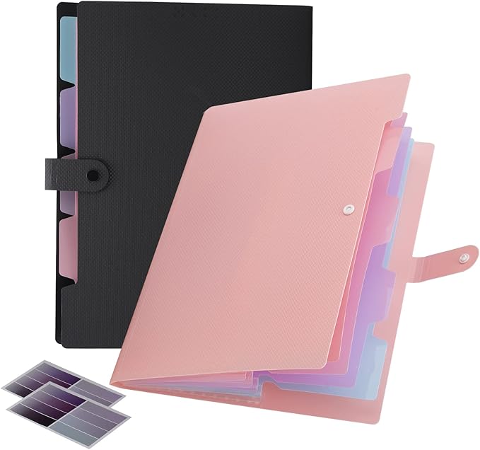 NAFY Colorful Expanding File Folder, 5 Pockets Folder with Colored Labels Portable Weave Pattern Accordion File Folder A4 Letter Size Project Organizer Document Folder for Office School (Black+Pink)
