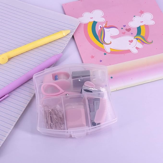 Mini Office Supply Kits Mini School Supplies – Includes Mini Stapler,Scissors, Staple Remover, Staples, Tape Dispenser (Pink)