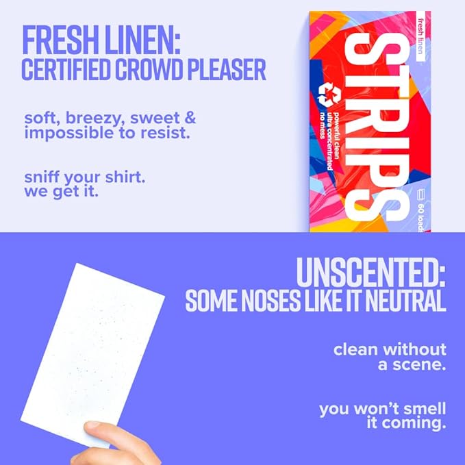 STRIPS Laundry Detergent Sheets Unscented (30ct, 60 loads) Fragrance Free Eco Liquidless Soap, Travel-Friendly, Dissolves in Hot & Cold, Hypoallergenic, Tackles Tough Stains & Odors