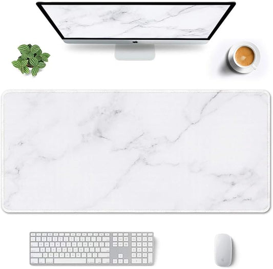 Auhoahsil Large Gaming Mouse Pad, Marble Theme XXL 35.4 x 15.7 in Desk Pad Stitched Non-Slip Rubber Long Computer Mousepad Thin Extended Full Size Desk Mat for Desktop, Laptop, Wireless Mice, White