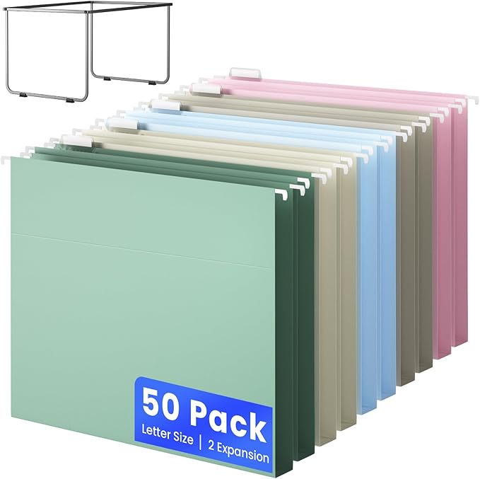 Hanging File Folders Letter Size, Metal File Frame with 50 Pcs Colored Hanging File Folders, 2'' Extension 1/5-Cut Tabs File Organizer Includes Hanging Folders for Desk Office Filing Cabinet