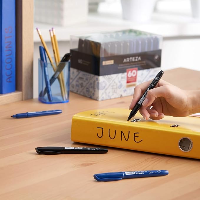 ARTEZA Permanent Markers in Bulk, Set of 60, Black & Blue, Fine Tip