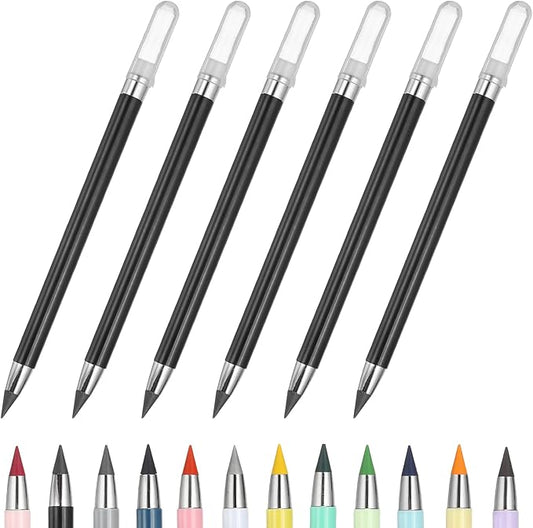 PATIKIL Forever Pencil, 6 Pcs Mechanical Sharpened Cute Metal Pencils Set for Coloring Book Sketch Drawing Writing Art Beginner, Black