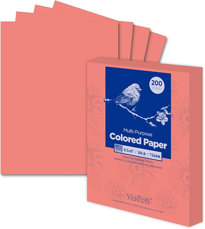 Veritas Colored Copy Paper, Multi-Purpose paper, Colored Printer Paper 8.5” x 11”, 20 lb / 75 GSM,Salmon,200 Sheets (1 Reams)，Made in USA