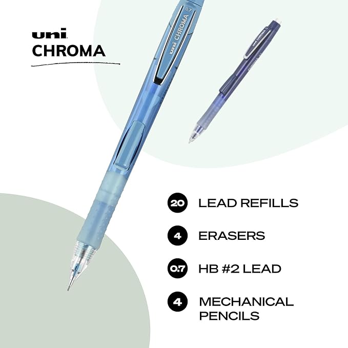 uniball Chroma Mechanical Pencil Woth Leasd and Eraser Refills, 0.7 Mm, Hb (#2), Black Lead, Assorted Barrel Colors, 4/Set