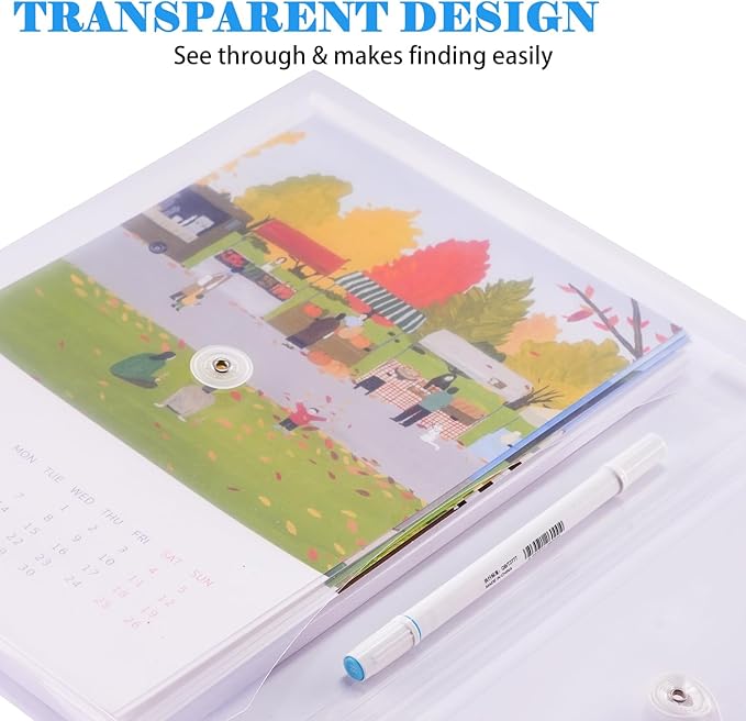 A4 Letter Size Plastic Poly Envelopes with Button and String Tie Closure, 1-1/4" Expansion Clear File Folders Side Loading Documents Organizer for Home School and Office Supplies (6)