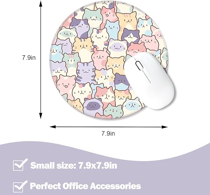 Round Cute Cat Mouse Pad, Small Kawaii Funny Cat Design Mousepad, Laptop Computer Office and Gaming Desk Mat for Girl, 7.9x7.9x0.12in(02-Cat)