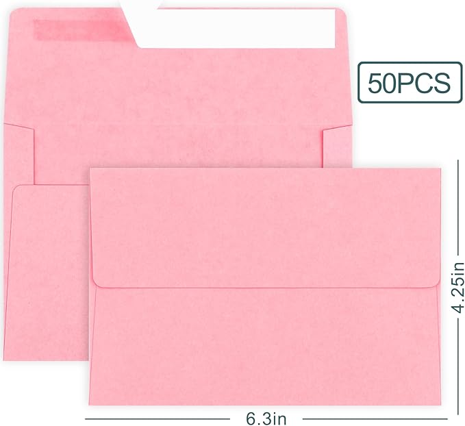 50 Pack 4x6 Envelopes, A4 Pink Envelopes Self Seal for Invitation, Baby Shower, Birthday Party, Wedding, Postcards, Mailing, Greeting Cards