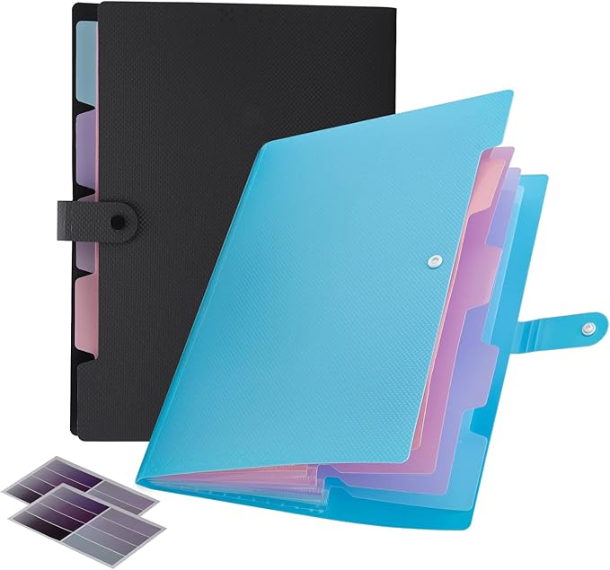 NAFY Colorful Expanding File Folder, 5 Pockets Folder with Colored Labels Portable Weave Pattern Accordion File Folder A4 Letter Size Project Organizer Document Folder for Office School (Black+Blue)