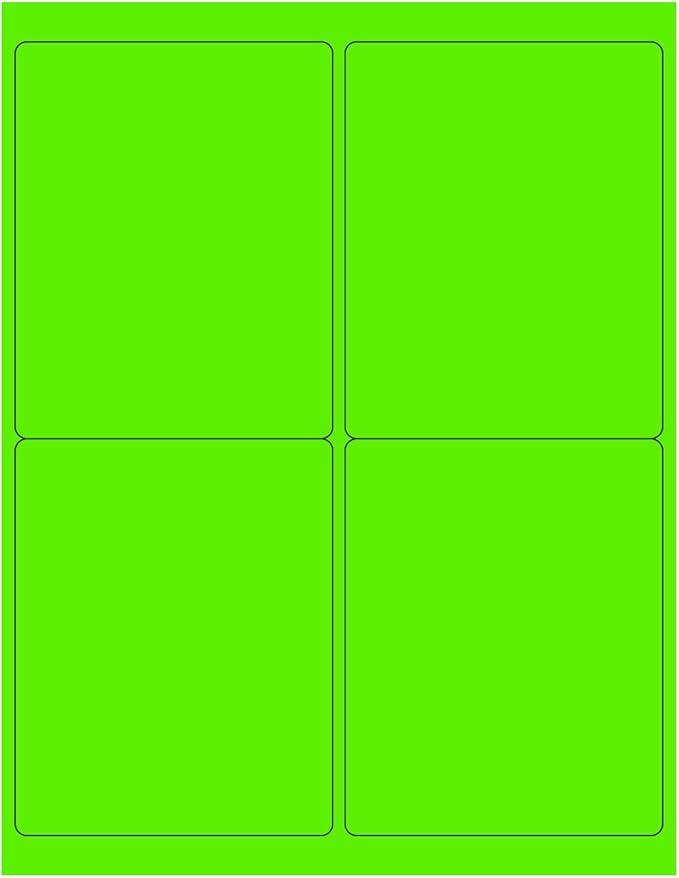 8-1/2 x 11 Neon Color High Light Fluorescent Labels for Laser & Inkjet Printer (Green Fluorescent, 4 x 5-4 Per Page | 100 Labels)
