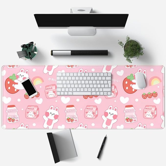Cute Milk Rabbit Pattern Desk Mat Pink Mouse Pad Office Gaming Pink Cute Office Supplies Decor for Women Desk XL Computer Mouse Pad Accessories Desk Pad 31.5x11.8In with Stitched Eges