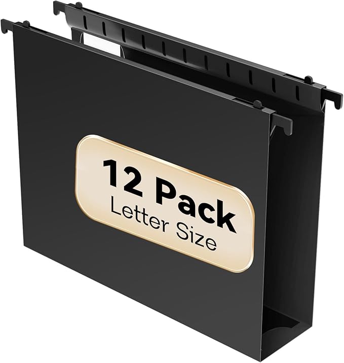 Extra Capacity Plastic Hanging File Folder Letter Size,12 Pack Reinforced Hang Folders with Heavy Duty 2 Inch Expansion,Durable Hanging Organizer Designed for Bulky Files(Black)