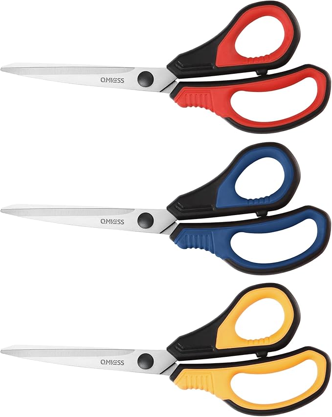 QMVESS 8.5" Scissors All Purpose 3 Pack, Ultra Sharp 2.5mm Thick Blade Scissors for Office, Professional Ergonomic Comfort Grip for Office School Home Fabric Sewing DIY Craft Cutting General Use