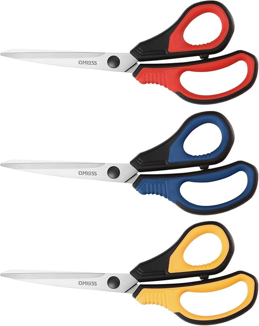 QMVESS 8.5" Scissors All Purpose 3 Pack, Ultra Sharp 2.5mm Thick Blade Scissors for Office, Professional Ergonomic Comfort Grip for Office School Home Fabric Sewing DIY Craft Cutting General Use
