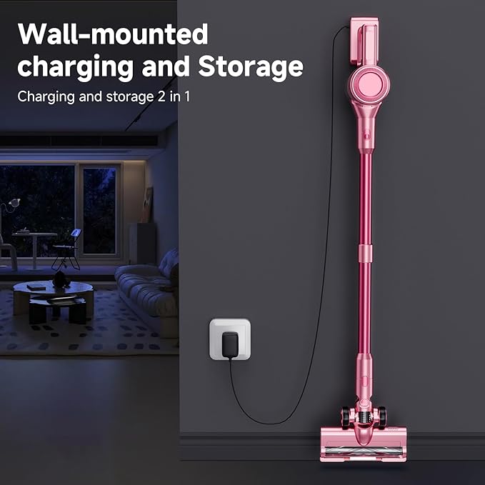 Vaconly Cordless Vacuum Cleaner, 8 in 1 40Kpa 55Mins,Lightweight Vacuum Cleaners for Home, Stick Vacuum with Anti-Tangle Brush,Wall Mount, Rechargeable Cordless Vacuum for Floor/Sofa/Pet Hair,Pink