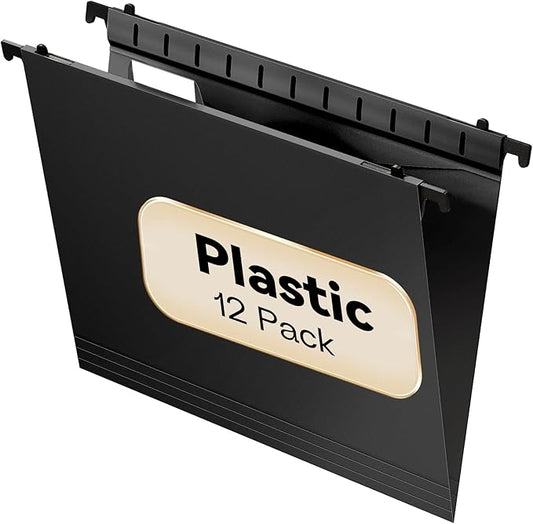 Plastic Hanging File Folder Letter Size,12 Pack Reinforced Heavy Duty Hanging Folders,Sturdy File Cabinet Folders,Black Hanging File Folders with Tabs,Hanging Folders for Filing Cabinet
