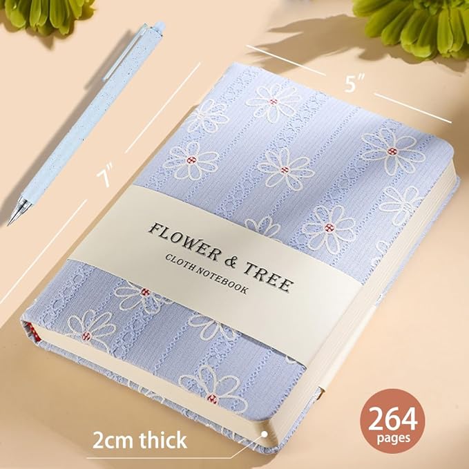 B6 Notebook, Flower Fabric Journal, Writing Notebook for Women, 5x7 Lined Notebook & Sketchbook, Lay Flat Hardcover Notebook, Small Sketchbook, Daisy Gifts for Girl, Blue
