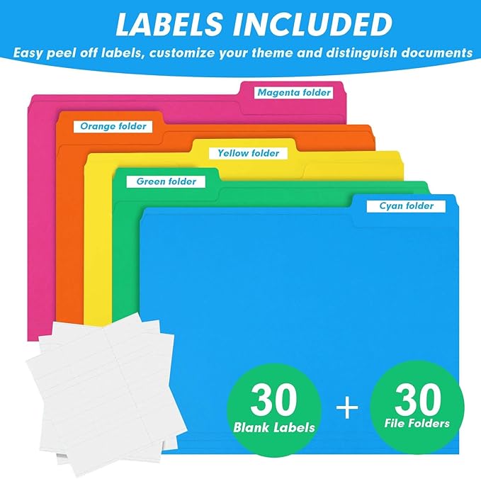 File Folder, RAZCC 30 Pack 1/3 Cut Tab Colored File Folders, File Folder Letter Size for Office Classroom Use, Assorted 5 Colors Folders with Tabs