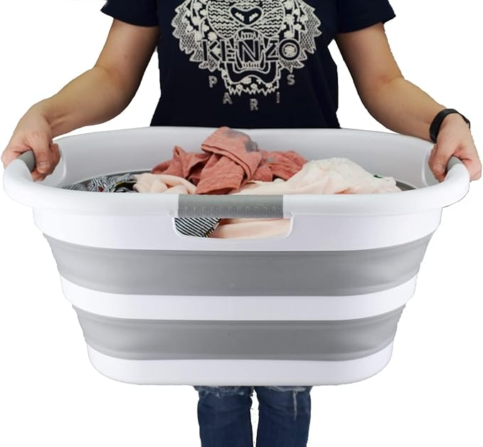 SAMMART 40L (10.5 gallon) Collapsible Plastic Laundry Basket - Space Saving Storage Container - Portable Washing Tub - Foldable Pop Up Hamper/Basket (1, White/Grey)