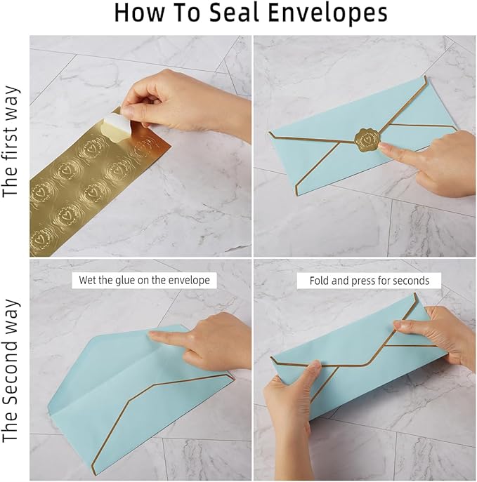 30 Pack Thick #10 Business Envelopes with Gold Border, 4 1/8 x 9 1/2 Thick Paper Standard Envelopes with Stickers for Office, Checks, Letter Mailing, Invoices (Light Blue)