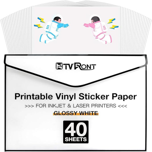 HTVRONT Printable Vinyl for Inkjet Printer & Laser Printer - 40 Pcs Glossy White Waterproof Printable Vinyl Sticker Paper, 8.5"x11"