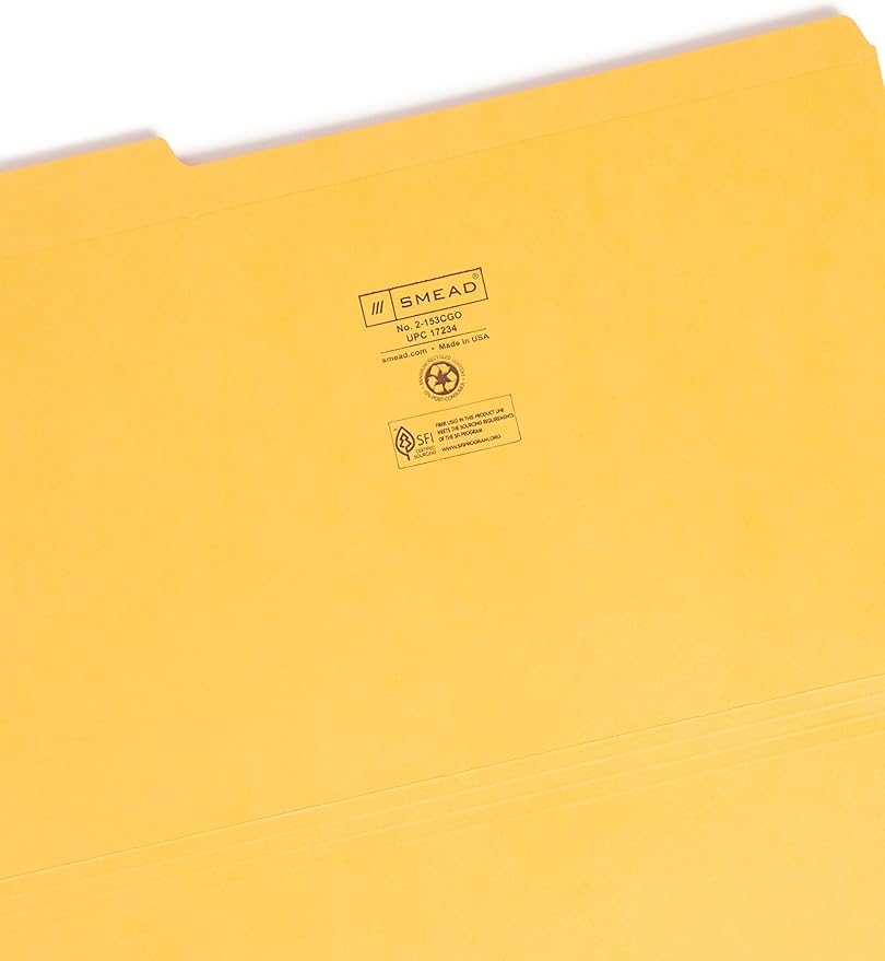 Smead File Folder, Reinforced 1/3-Cut Tab, Legal Size, Goldenrod, 100 per Box (17234)