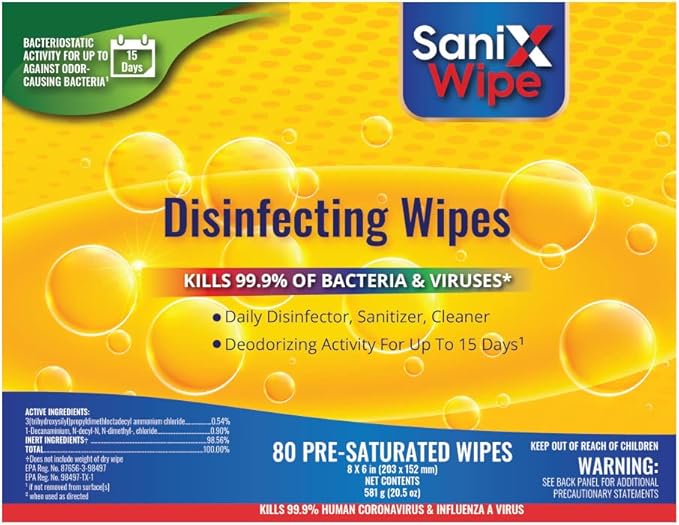 SaniX Disinfecting Wipes List-N Surface Clean Deodorize 80 Ct/Canister 8-Pack, White, 80 Count per Canister, 8 Pack, Total 640 Count, KL-SX-W80-8