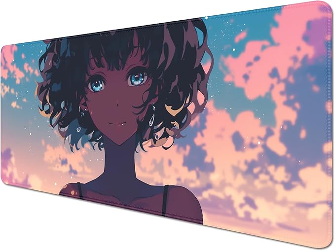 Anime Black Girl Extended Mouse Pad Desk Mats on Top of Desks Gaming Pad Large Mousepad with Stitched Edge Non-Slip Rubber Base for Computer Keyboard Laptop PC (27.5X11.8 in)