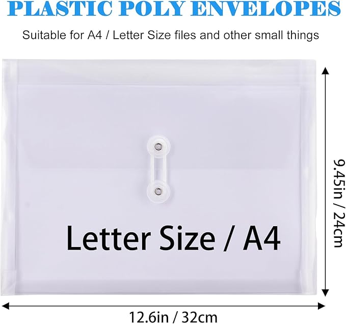 A4 Letter Size Plastic Poly Envelopes with Button and String Tie Closure, 1-1/4" Expansion Clear File Folders Side Loading Documents Organizer for Home School and Office Supplies (6)