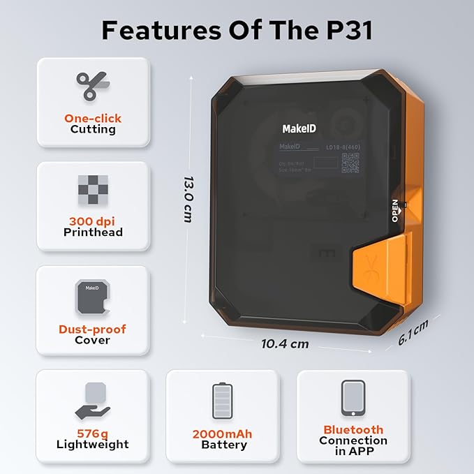 Makeid P31 Industrial Label Maker, Thermal Transfer Label Printer Portable Bluetooth Labeler with 0.71" W x 26.24ft L Label, Wire and Cable Labeling Machine for Job Sites, Fast Creat and Print Label